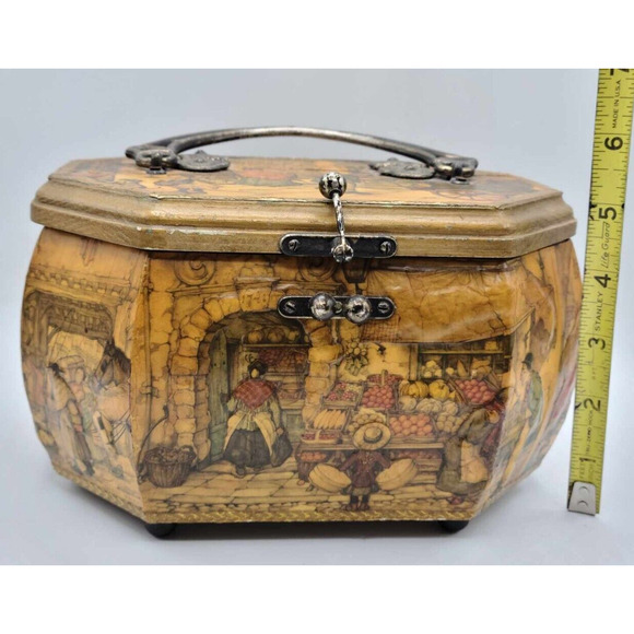 Vtg 1970s Artist Anton Pieck European Decoupage Wooden Box Red Velvet Lining - Picture 8 of 16